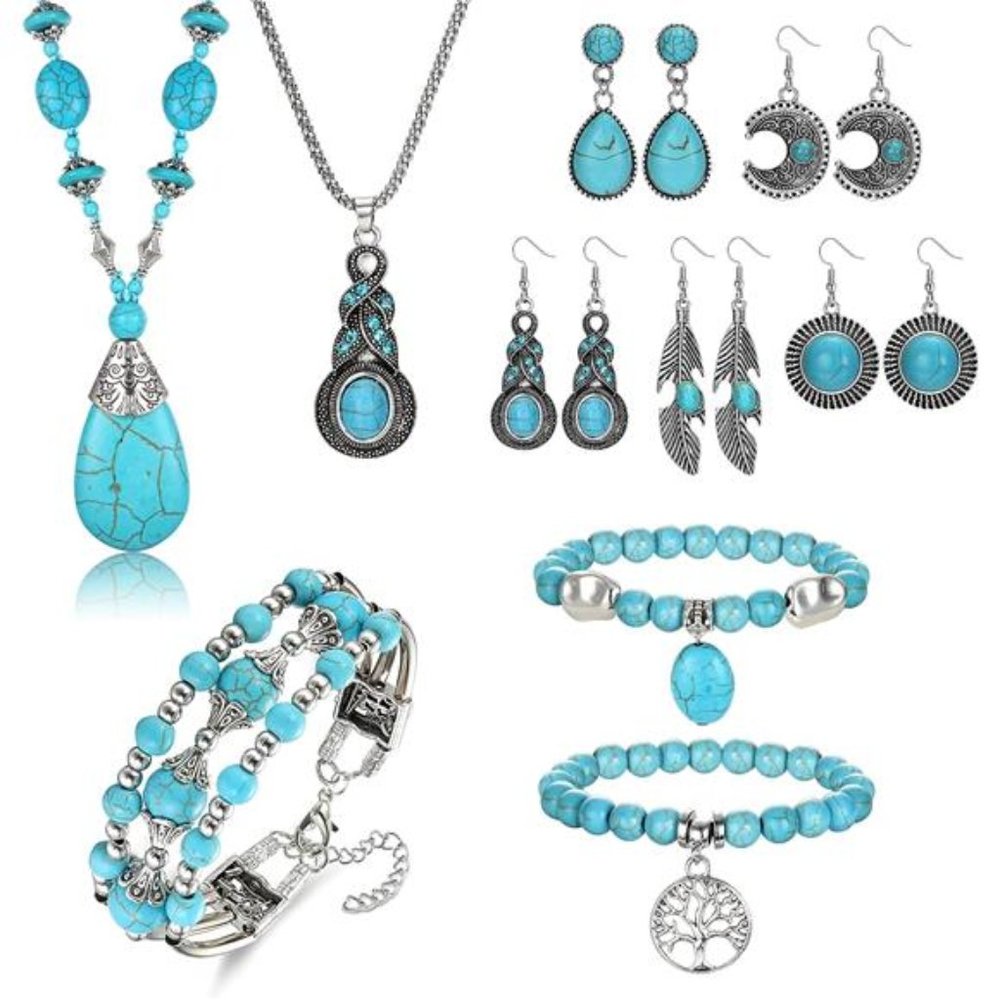 Bohemian 10 Pieces Jewelry Set Women Western Turquoise Necklace Bracelet Earring